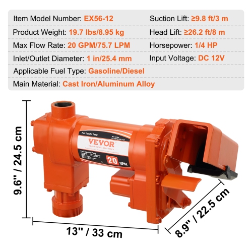 VEVOR 1/4 HP Fuel Transfer Pump, 12V DC 20 GPM, High Flow Cast Iron Gasoline Extractor Pump with Fuel Collection Box Design for Gasoline, Diesel,