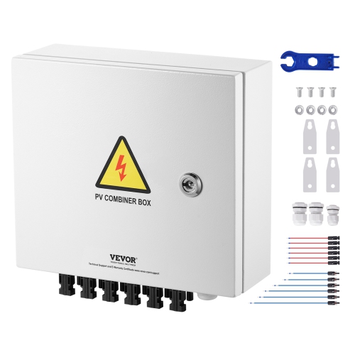 VEVOR 6 String PV Combiner Box, Solar Combiner Box with 10A Rated Current Fuse 63A Circuit Breaker Lightning Arrester and Solar Connector, for On /