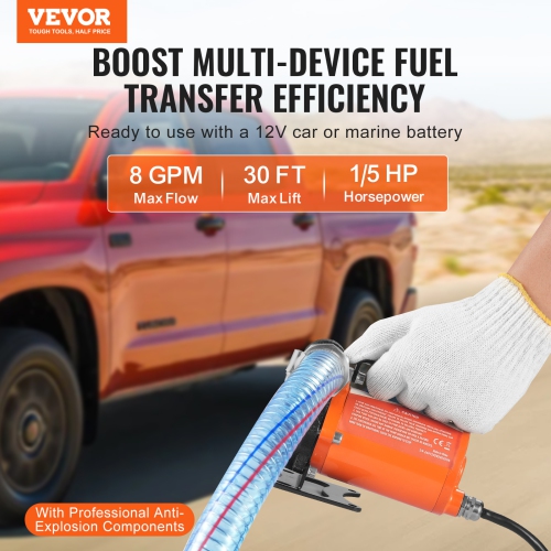VEVOR 1/6 HP Fuel Transfer Pump, 12V DC 8 GPM, Portable Electric Diesel Transfer Pump with Auto Shut-Off Fuel Nozzle, Long Inlet & Outlet Hose for