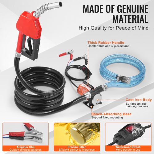 VEVOR 1/6 HP Fuel Transfer Pump, 12V DC 8 GPM, Portable Electric Diesel Transfer Pump with Auto Shut-Off Fuel Nozzle, Long Inlet & Outlet Hose for