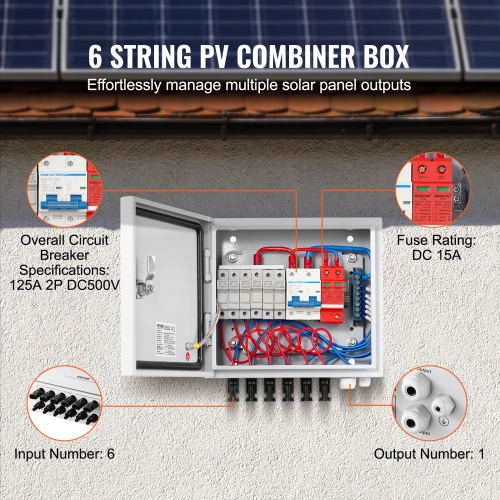 VEVOR 6 String PV Combiner Box, Solar Combiner Box with 15A Rated Current Fuse 125A Circuit Breaker Lightning Arrester and Solar Connector, for On /