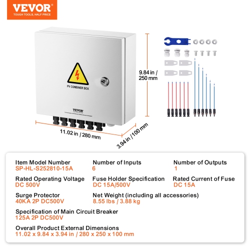 VEVOR 6 String PV Combiner Box, Solar Combiner Box with 15A Rated Current Fuse 125A Circuit Breaker Lightning Arrester and Solar Connector, for On /