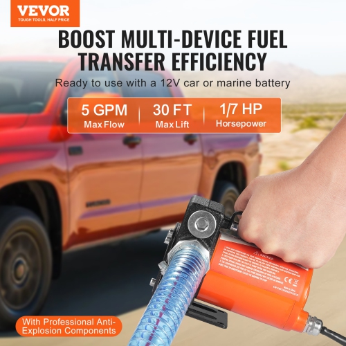 VEVOR 1/10 HP Fuel Transfer Pump, 12V DC 5.3 GPM, Portable Electric Diesel Transfer Pump with Auto Shut-Off Fuel Nozzle, Long Inlet & Outlet Hose for