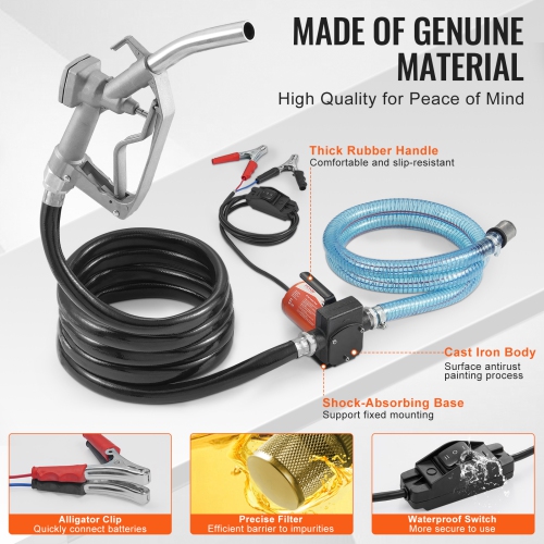 VEVOR 1/10 HP Fuel Transfer Pump, 12V DC 5.3 GPM, Portable Electric Diesel Transfer Pump with Auto Shut-Off Fuel Nozzle, Long Inlet & Outlet Hose for