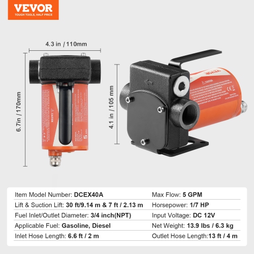 VEVOR 1/10 HP Fuel Transfer Pump, 12V DC 5.3 GPM, Portable Electric Diesel Transfer Pump with Auto Shut-Off Fuel Nozzle, Long Inlet & Outlet Hose for