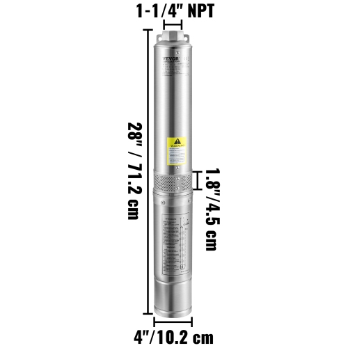 VEVOR 0.5HP Deep Well Submersible Pump, 115V/60Hz, 28gpm Flow 167ft Head, with 33ft Electric Cord, 4 Stainless Steel Water Pumps for Industrial,
