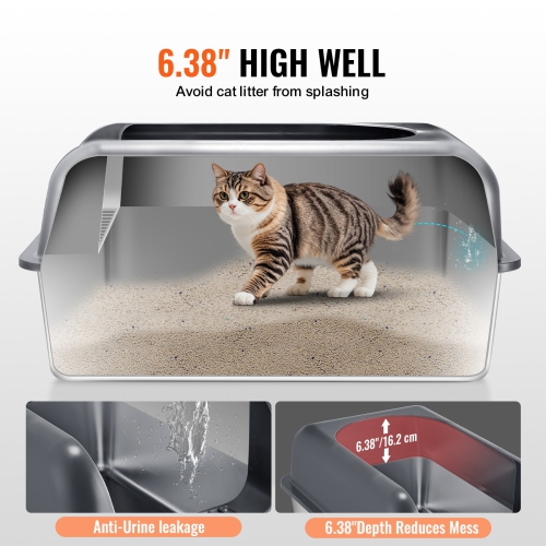 VEVOR 6 inches Cat Litter Box, XL Extra Large Stainless Steel Cat Litter Box with Scoop, Wide Filtering Foot Board & High Sides, Enclosed Odor-Free