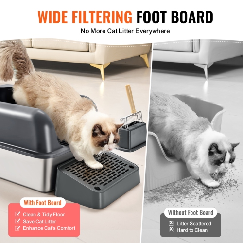 VEVOR 6 inches Cat Litter Box, XL Extra Large Stainless Steel Cat Litter Box with Scoop, Wide Filtering Foot Board & High Sides, Enclosed Odor-Free
