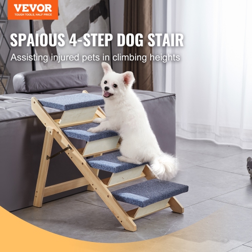 VEVOR Wooden Pet Steps and Ramp Combo, 2-in-1 Design, Foldable Access for Beds, Sofas, and Vehicles, 4-Step Structure for Pets of Small to Large