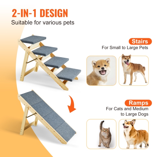 VEVOR Wooden Pet Steps and Ramp Combo, 2-in-1 Design, Foldable Access for Beds, Sofas, and Vehicles, 4-Step Structure for Pets of Small to Large