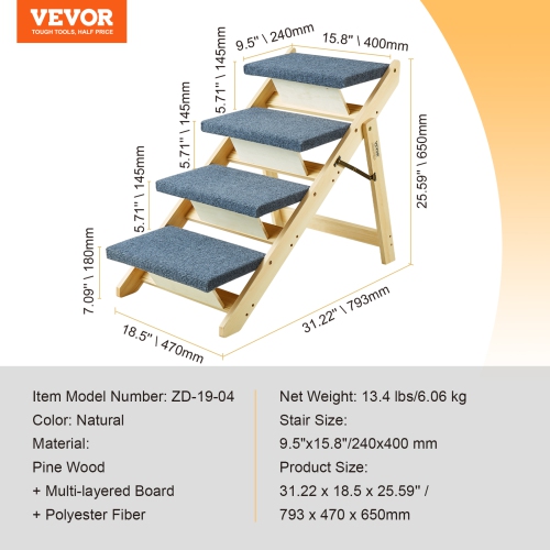 VEVOR Wooden Pet Steps and Ramp Combo, 2-in-1 Design, Foldable Access for Beds, Sofas, and Vehicles, 4-Step Structure for Pets of Small to Large