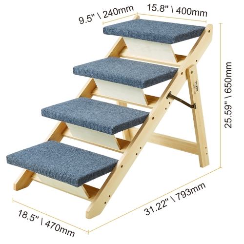 VEVOR Wooden Pet Steps and Ramp Combo, 2-in-1 Design, Foldable Access for Beds, Sofas, and Vehicles, 4-Step Structure for Pets of Small to Large