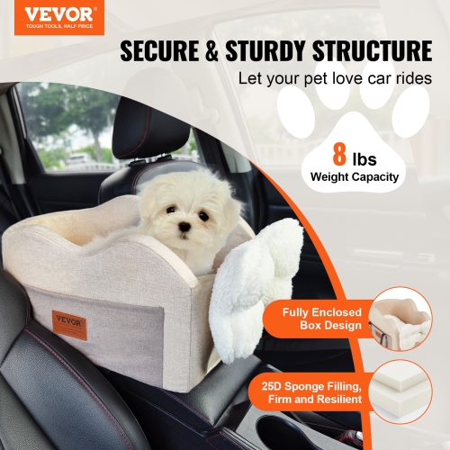 VEVOR Console Dog Car Seat, Center Console Dog Booster Seat for Small Dog, Pet Car Seat for Car Armrest with Clip-On Leash, Adjustable Straps,
