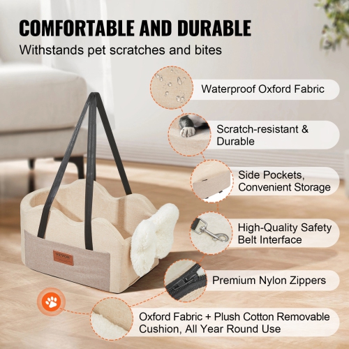 VEVOR Console Dog Car Seat, Center Console Dog Booster Seat for Small Dog, Pet Car Seat for Car Armrest with Clip-On Leash, Adjustable Straps,