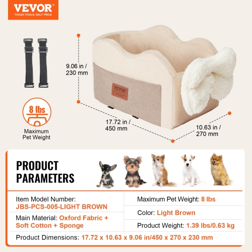 VEVOR Console Dog Car Seat, Center Console Dog Booster Seat for Small Dog, Pet Car Seat for Car Armrest with Clip-On Leash, Adjustable Straps,