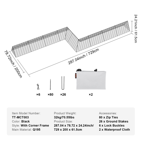 VEVOR 2 Sets Chicken Tunnels, 287 x 78.7 x 24.2 inch(LxWxH) Chicken Tunnels for Yard, Portable Chicken Tunnels for Outside with Corner Frames,