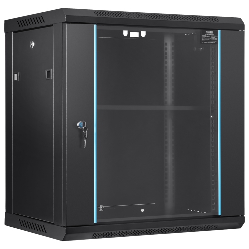 VEVOR 12U Wall-Mounted Server Network Cabinet, 15.5'' Depth, Secure Rack Enclosure, Supports up to 200 lbs, Lockable Glass Door & Sides, Ideal for IT