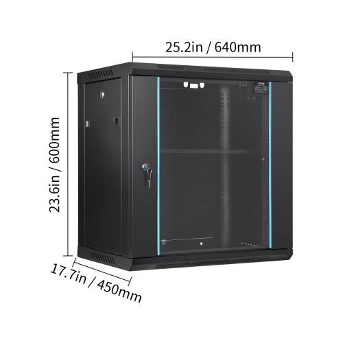 VEVOR 12U Wall-Mounted Server Network Cabinet, 15.5'' Depth, Secure Rack Enclosure, Supports up to 200 lbs, Lockable Glass Door & Sides, Ideal for IT