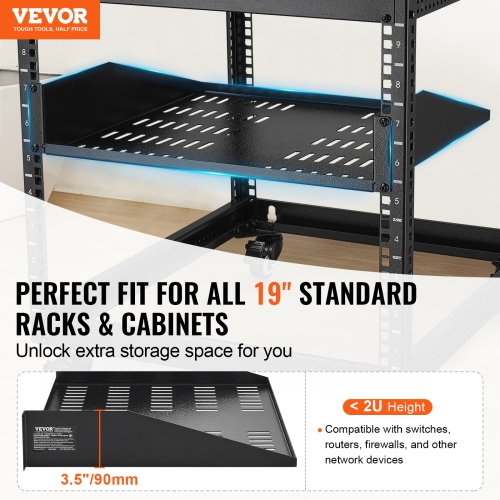 VEVOR 2U Server Rack Shelf, 16" Depth, 50lbs Max Load Capacity Vented Cantilever or Wall Mount Rack Mount Shelf with Tray, Good Air Circulation for