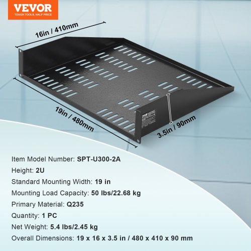 VEVOR 2U Server Rack Shelf, 16" Depth, 50lbs Max Load Capacity Vented Cantilever or Wall Mount Rack Mount Shelf with Tray, Good Air Circulation for