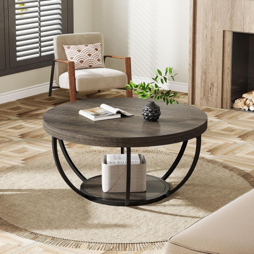 Tribesigns 2-Tier Round Coffee Table, Wood 31.7" Circle Coffee Table with Storage, Modern Center Table for Living Room, Dark Grey