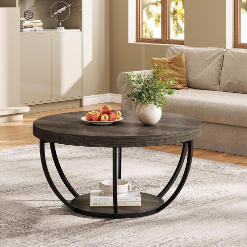 Tribesigns 2-Tier Round Coffee Table, Wood 31.7" Circle Coffee Table with Storage, Modern Center Table for Living Room, Dark Grey