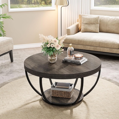 Tribesigns 2-Tier Round Coffee Table, Wood 31.7" Circle Coffee Table with Storage, Modern Center Table for Living Room, Dark Grey