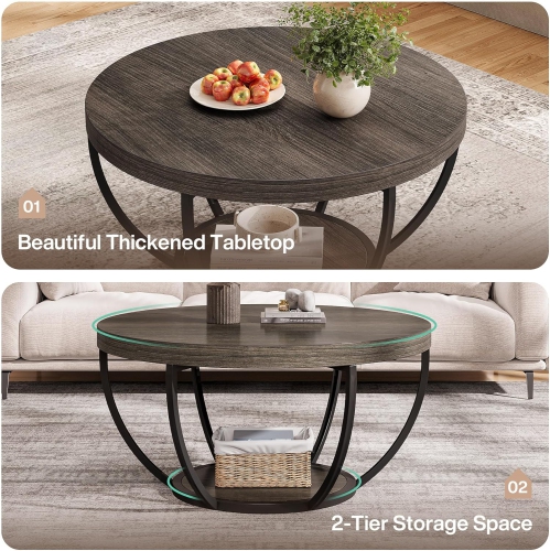 Tribesigns 2-Tier Round Coffee Table, Wood 31.7" Circle Coffee Table with Storage, Modern Center Table for Living Room, Dark Grey