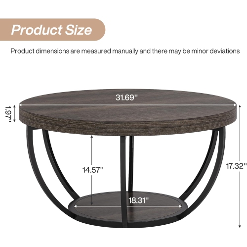 Tribesigns 2-Tier Round Coffee Table, Wood 31.7" Circle Coffee Table with Storage, Modern Center Table for Living Room, Dark Grey