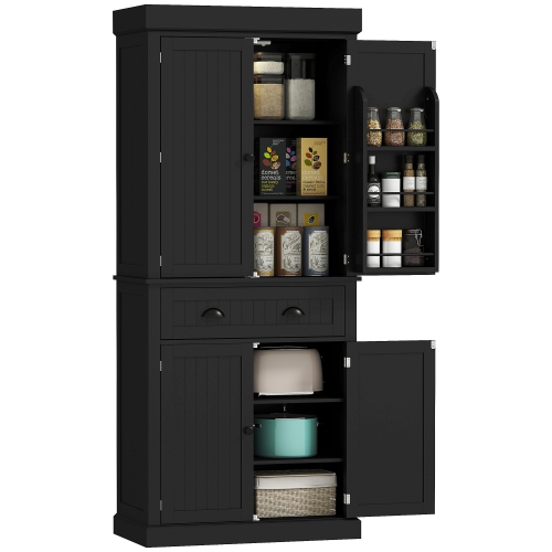 HOMCOM 71" Pantry Cabinet with LED Motion Sensor Light, Freestanding Kitchen Pantry with 6 Spice Racks, Drawer and Adjustable Shelves, Tall Buffet
