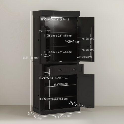 HOMCOM 71" Pantry Cabinet with LED Motion Sensor Light, Freestanding Kitchen Pantry with 6 Spice Racks, Drawer and Adjustable Shelves, Tall Buffet