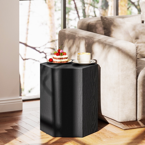 HOMCOM Concrete Finish Side Table, Lightweight Accent Table, 17" Patio Hexagonal Stump End Table with 4 Adjustable Feet for Indoor, Outdoor, Black