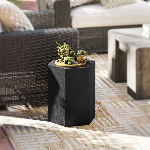 HOMCOM Concrete Finish Side Table, Lightweight Accent Table, 17" Patio Hexagonal Stump End Table with 4 Adjustable Feet for Indoor, Outdoor, Black