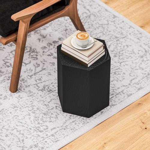 HOMCOM Concrete Finish Side Table, Lightweight Accent Table, 17" Patio Hexagonal Stump End Table with 4 Adjustable Feet for Indoor, Outdoor, Black