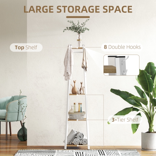 Support à vêtements avec rangement de HOMCOM, porte-vêtements autonome avec 8 crochets et tablette à 3 niveaux pour chambre, entrée, couloir, chêne