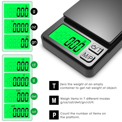 Digital Pocket Scale 1000g x 0.01g Portable Precision Gram Scale Jewelry Scale with Protective Cover, Debt LCD, 7 Units Leather Pins for Grain,