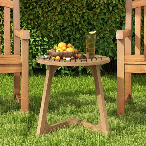 Costway 1/2 PCS Teak Wood Side Table Round Sofa End Table with Slatted Tabletop Nightstand