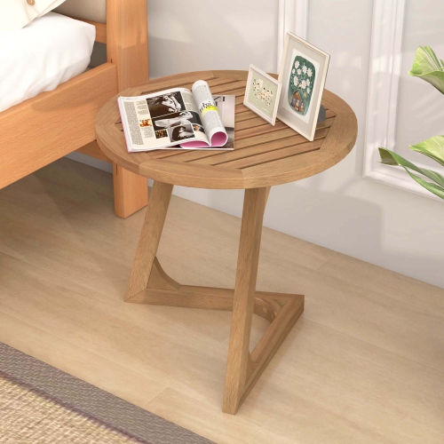 Costway 1/2 PCS Teak Wood Side Table Round Sofa End Table with Slatted Tabletop Nightstand