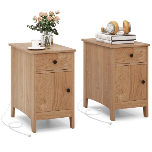 COSTWAY  1/2 PCs End Table With Charging Station Flip Top Bedside Table With USB Ports & Outlets In Brown