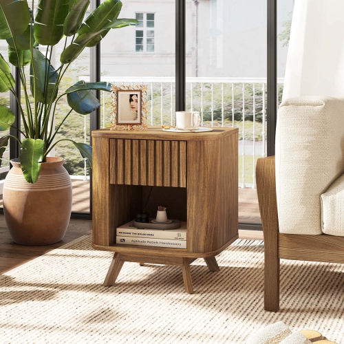 Costway 1/2 PCS Wood Nightstand with Drawer & Open Shelf Storage Home Bedside Table for Bedroom