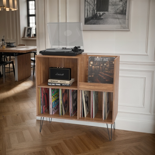 Grand tourne-disque en bois d'ingénierie Vintora de CorLiving avec tablettes ouvertes