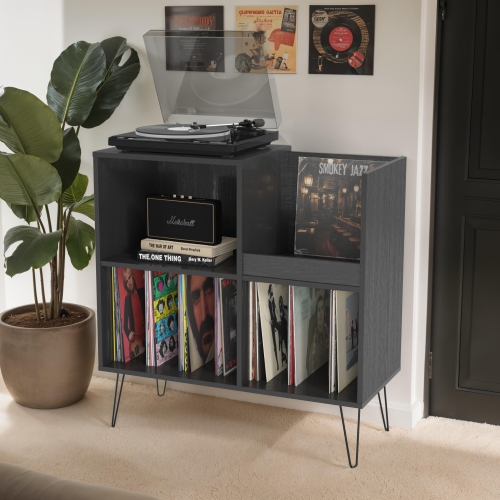 Grand tourne-disque en bois d'ingénierie Vintora de CorLiving avec tablettes ouvertes