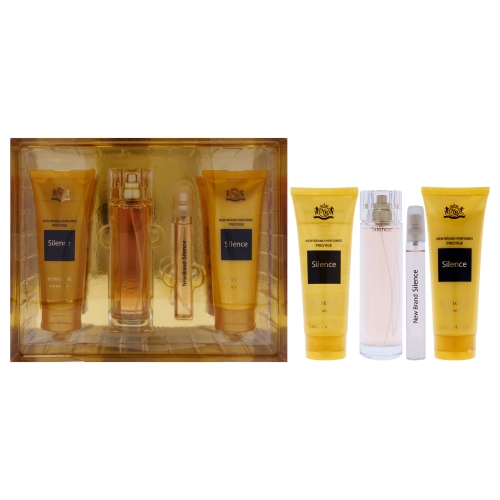 NEW BRAND  Prestige Silence By for Women - 4 PC Gift Set 3.3OZ Edp Spray, 0.5OZ Edp Spray, 4.3OZ Shower Gel, 4.3OZ Body Lotion