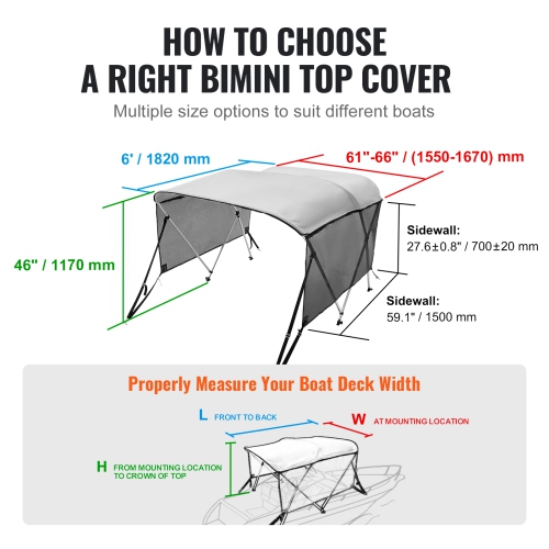 VEVOR 3 Bow Bimini Top Boat Cover, 600D Polyester Canopy with 1" Aluminum Alloy Frame, Includes Storage Boot, 2 Support Poles, 2 Straps, 6'L x 46"H x