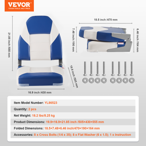 VEVOR 21.85" High Boat Seats, Back Boat Seat, Folding Boat Chair with Thickened Sponge Padding and Hinge, Fold-Down Boat Captain Chairs for Fishing