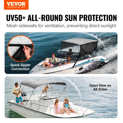 VEVOR 4 Bow Bimini Top Boat Cover, 600D Polyester Canopy with 1" Aluminum Alloy Frame, Includes Storage Boot, 2 Support Poles, 2 Straps, 8'L x 54"H x