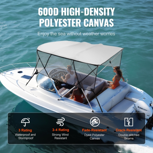 VEVOR 4 Bow Bimini Top Boat Cover, 600D Polyester Canopy with 1" Aluminum Alloy Frame, Includes Storage Boot, 2 Support Poles, 2 Straps, 8'L x 54"H x