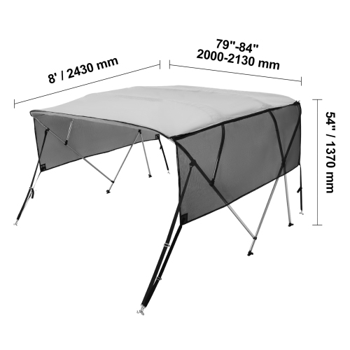 VEVOR 4 Bow Bimini Top Boat Cover, 600D Polyester Canopy with 1" Aluminum Alloy Frame, Includes Storage Boot, 2 Support Poles, 2 Straps, 8'L x 54"H x