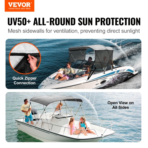 VEVOR 3 Bow Bimini Top Boat Cover, 600D Polyester Canopy with 1" Aluminum Alloy Frame, Includes Storage Boot, 2 Support Poles, 2 Straps, 6'L x 46"H x