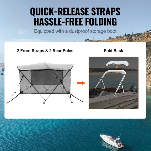 VEVOR 3 Bow Bimini Top Boat Cover, 600D Polyester Canopy with 1" Aluminum Alloy Frame, Includes Storage Boot, 2 Support Poles, 2 Straps, 6'L x 46"H x